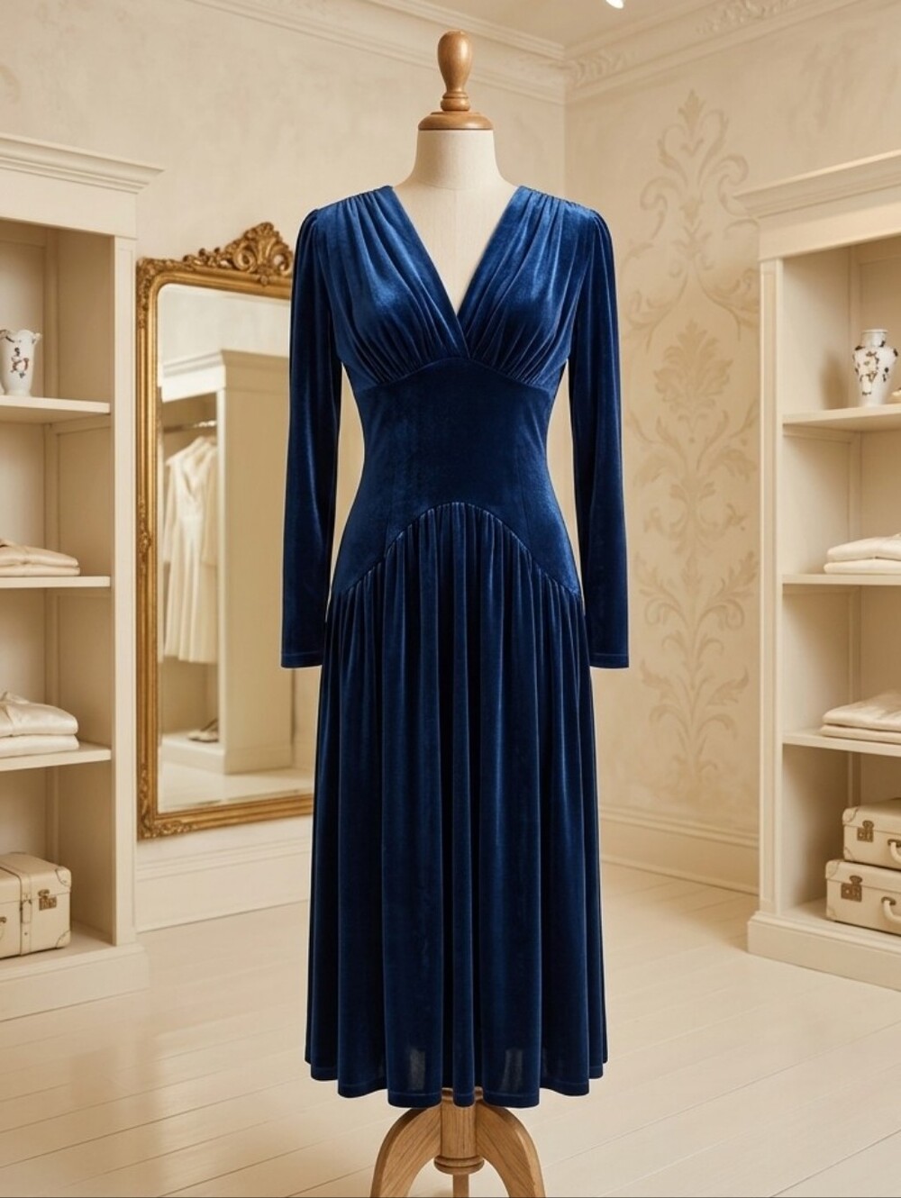 Midnight Blue Velvet Maxi Dress Elegant Formal Gown Size Small